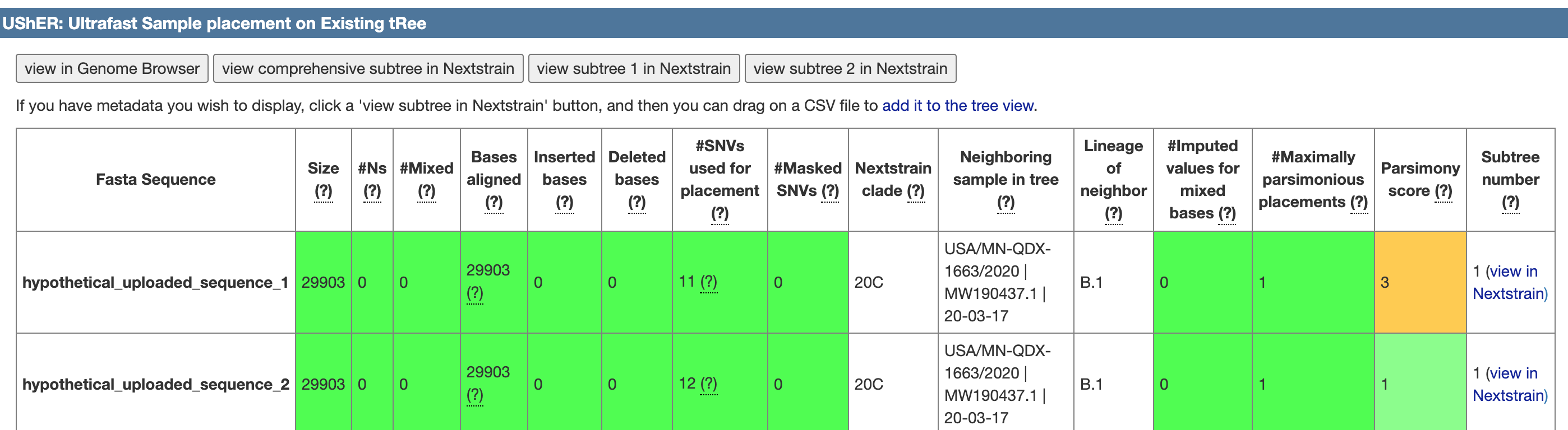 Example of the UShER phylogeny placement tool